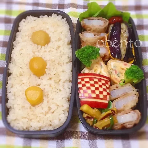 秋の味覚満載♡主人のお弁当＊栗ごはん＊蓮根の豚バラ巻き天♫|＊ゆき＊さん