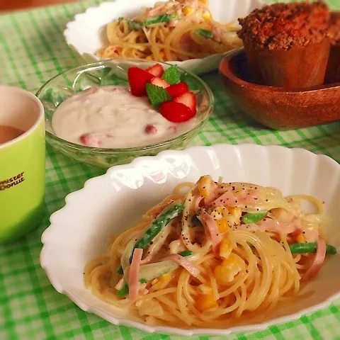 幼稚園８日目の朝ごはんはパスタとマフィン♡|＊ゆき＊さん