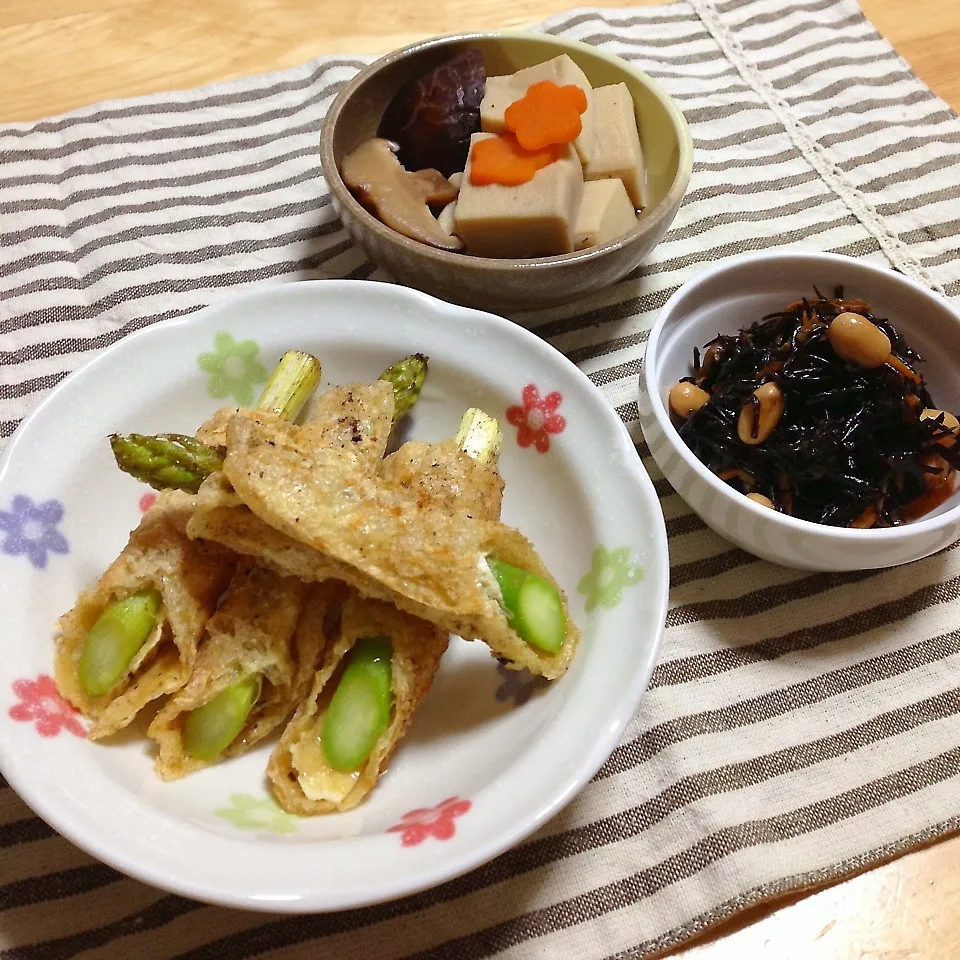 アスパラの油揚げ裏巻き揚げ＊ひじき大豆＊高野煮|＊ゆき＊さん