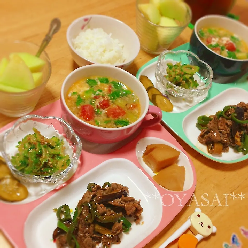 牛肉とピーマン炒め✩ゴーヤーの胡麻おかか和え✩中華スープ♪|＊ゆき＊さん