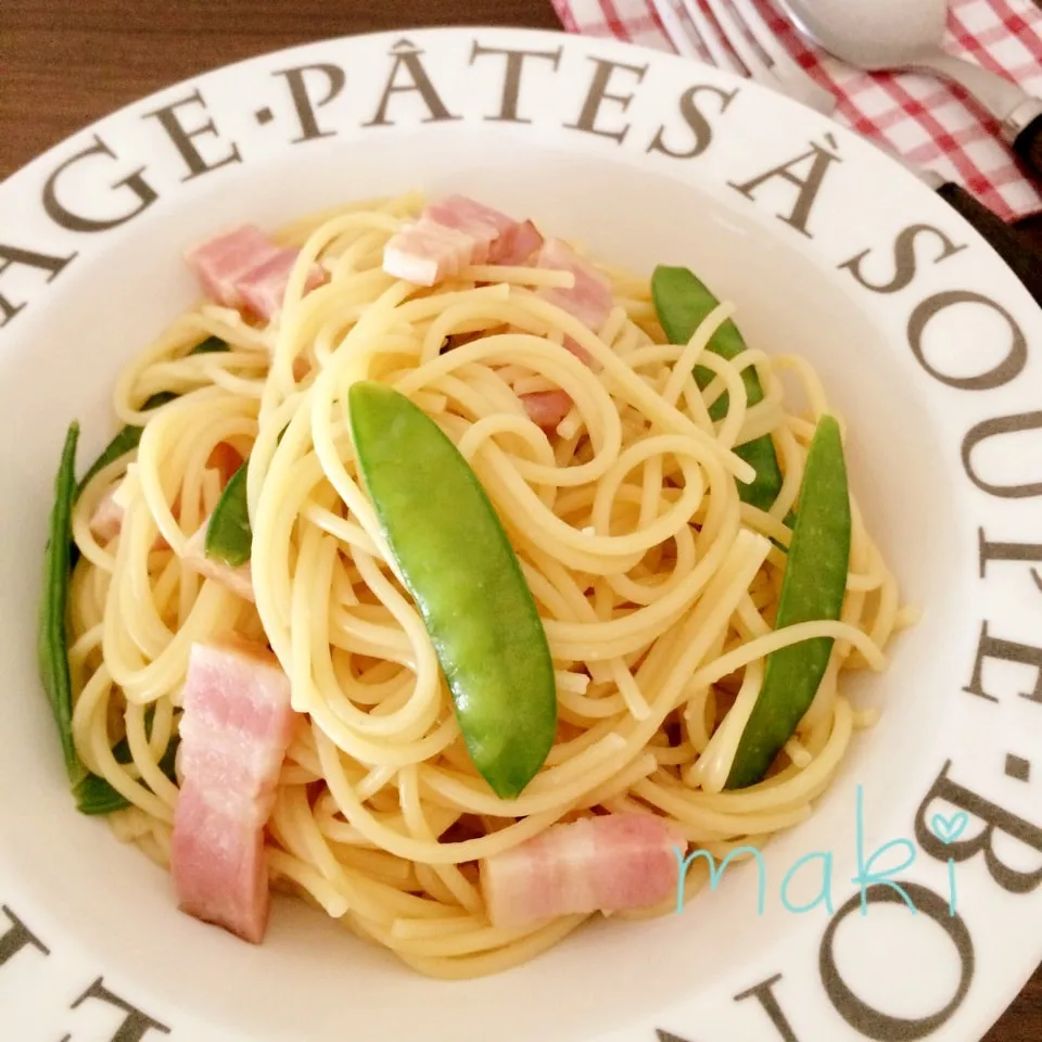 フライパンだけで作る♡ベーコンとさやえんどうのパスタ|makiさん