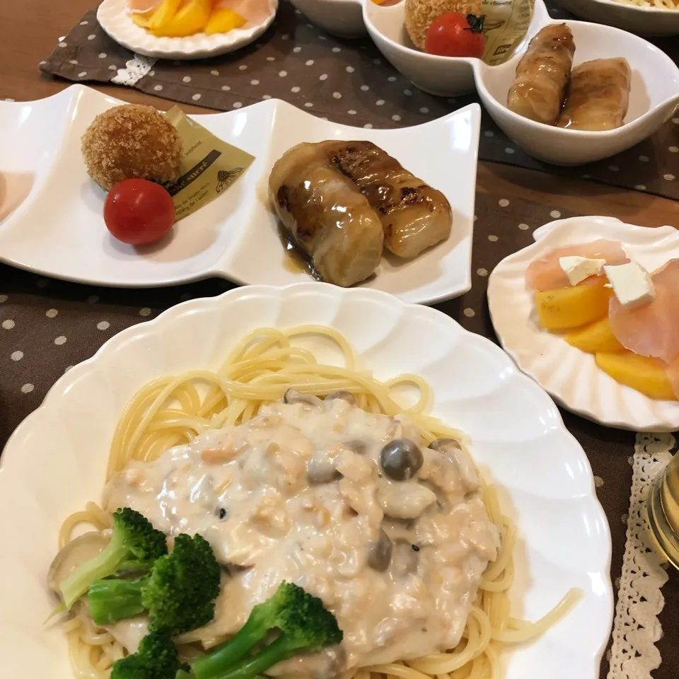 鮭のクリームパスタと大根の肉巻き|ピヨまるさん