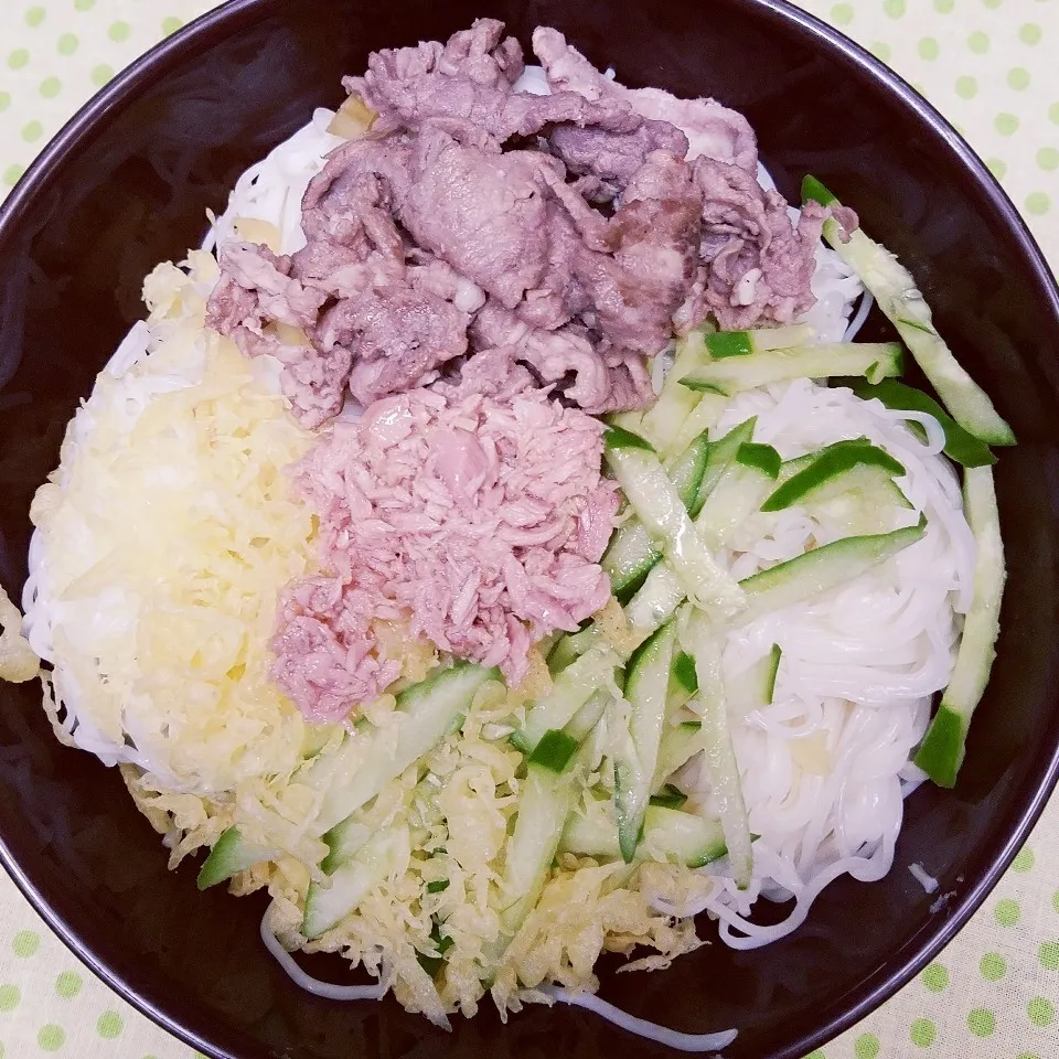 兄弁 今日もぶっかけ素麺 肉盛り|きつねこかあさんさん