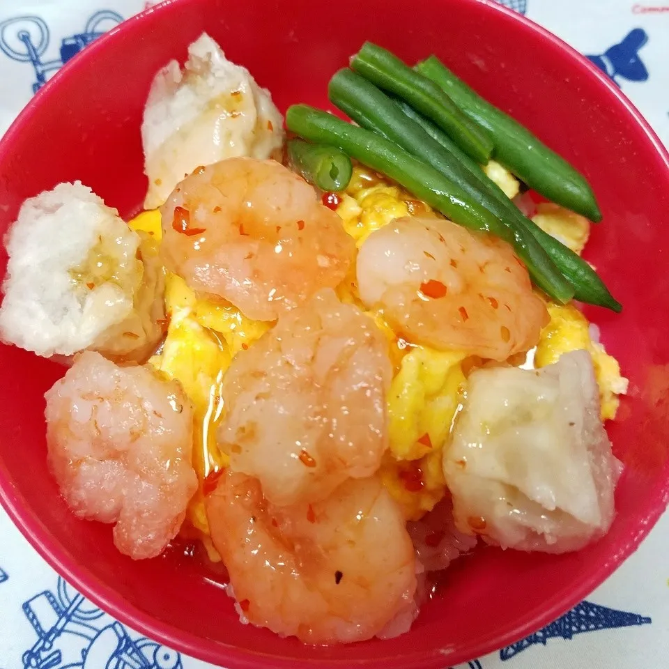 私弁 エビチリふわ玉丼|きつねこかあさんさん