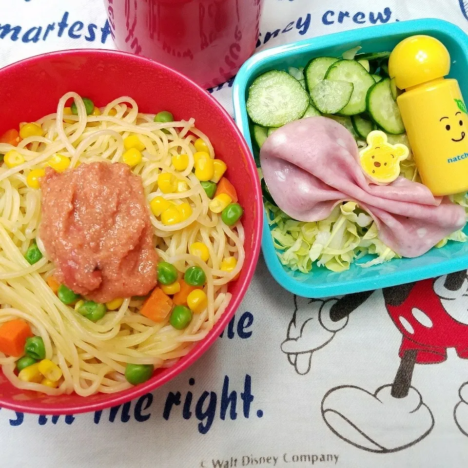 たらこスパゲッティ、サラダ&豆腐と若布の味噌汁|きつねこかあさんさん