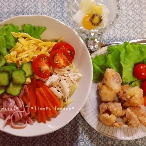 Snapdishの料理写真:冷やし中華と塩唐揚げ♡|miyuさん