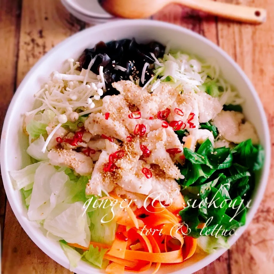 Snapdishの料理写真:🔥滝汗で食べる🥘生姜と湯引き鶏とレタスのあっさり鍋🎵|うさぎさん