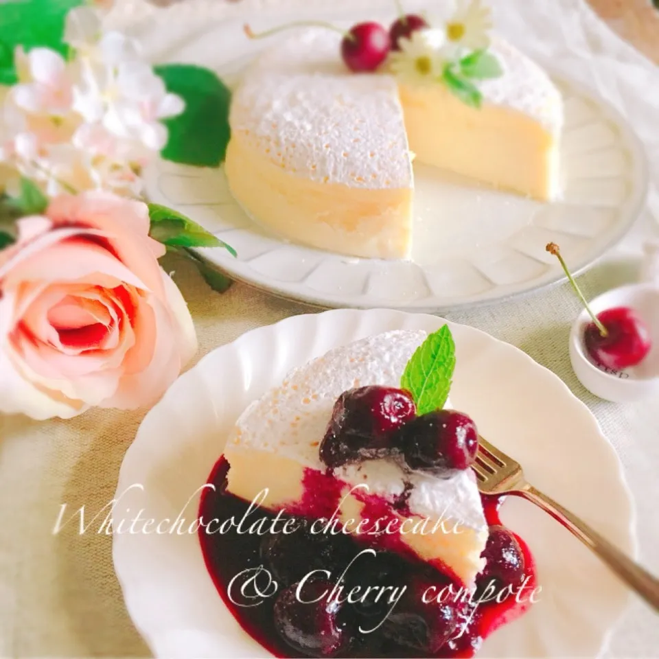 🍒チェリー&ホワイトチョコのチーズケーキ❄️生クリ不使用|うさぎさん