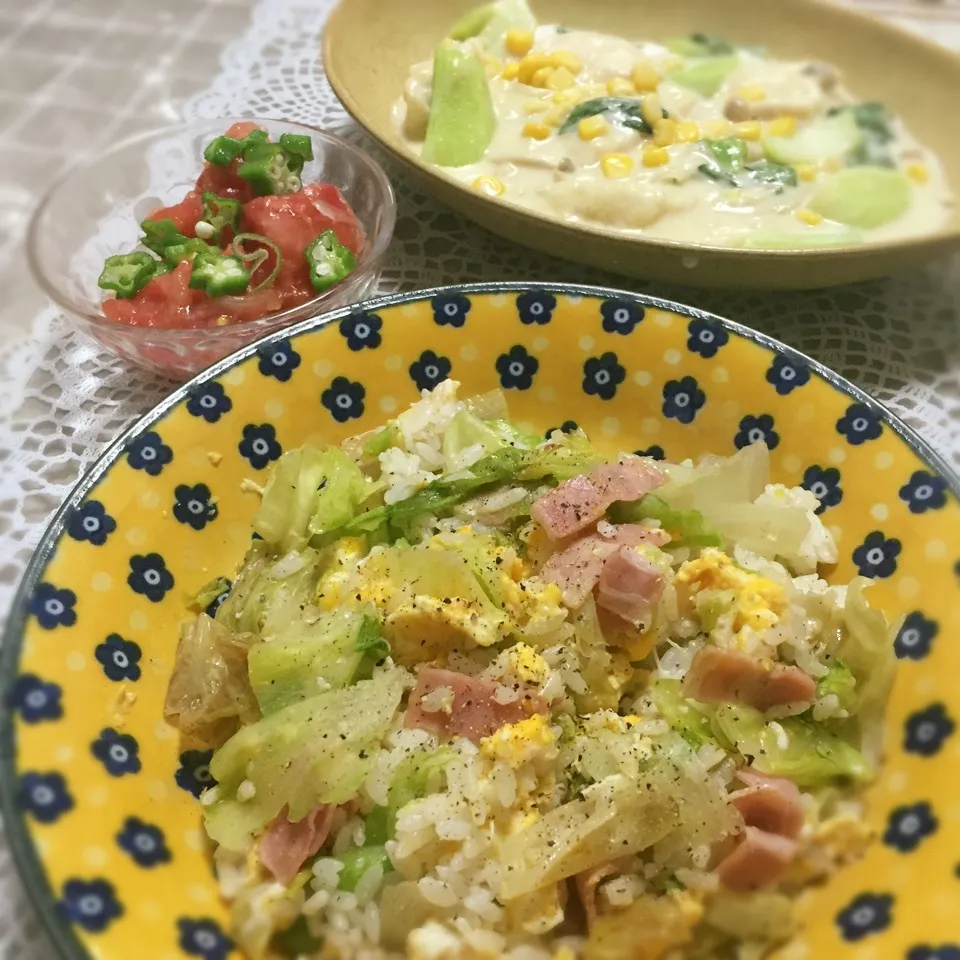 レタスチャーハンと青梗菜のクリーム煮|うさぎさん