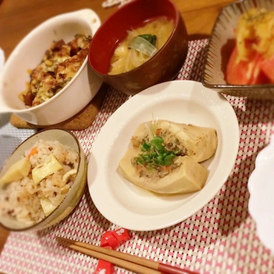 春☆筍ご飯と高野豆腐の肉詰め煮でヘルシー献立☆リメイクも‼︎|Kiyomi Tanakaさん