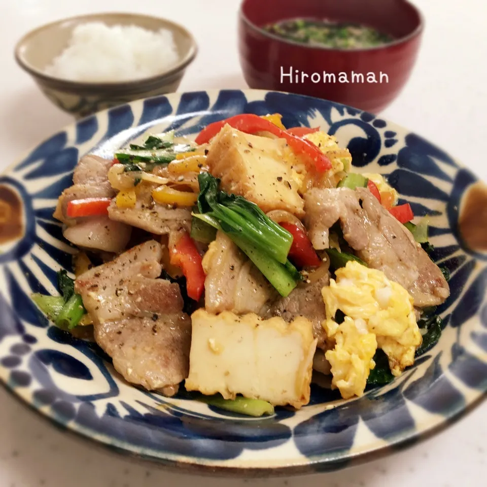 Snapdishの料理写真:豚ロースと厚揚げの♡かおるオイマヨチャンプルー♪|ひろママさん