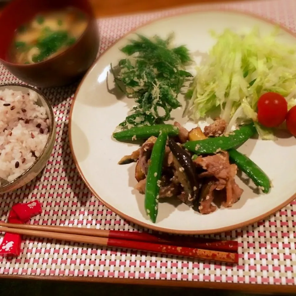 いんげんと豚のごま味噌炒め&ウドの葉天婦羅|Kiyomi Tanakaさん