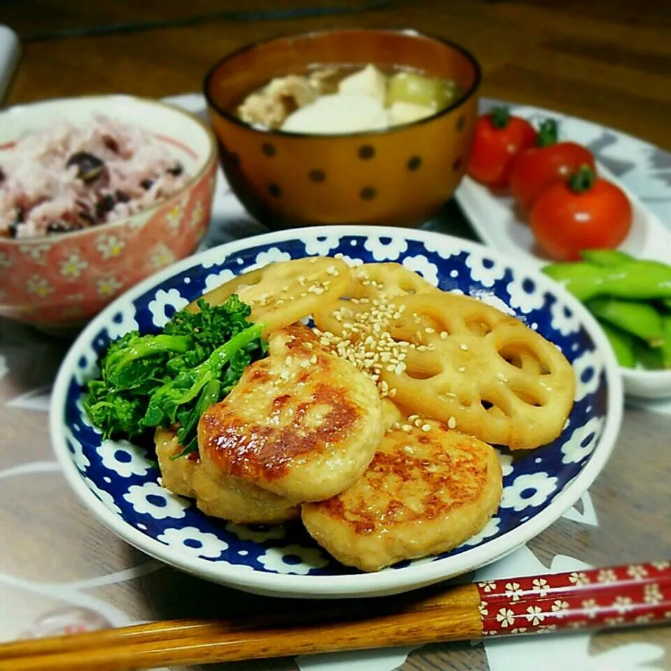 鶏つくねとレンコンの照り焼き 夕飯|ｋａｋoさん