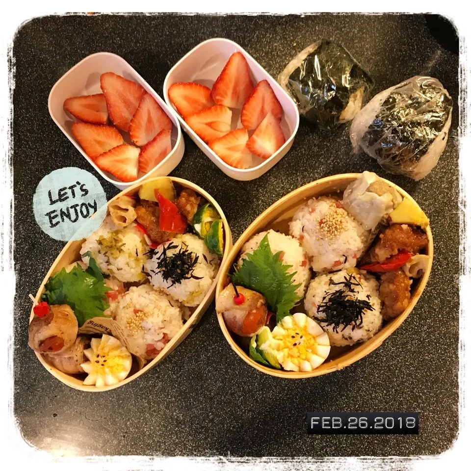 Snapdishの料理写真:2/26 ☺︎☺︎ 豚バラトマト巻き🍅小むすび弁当☆|jon2さん