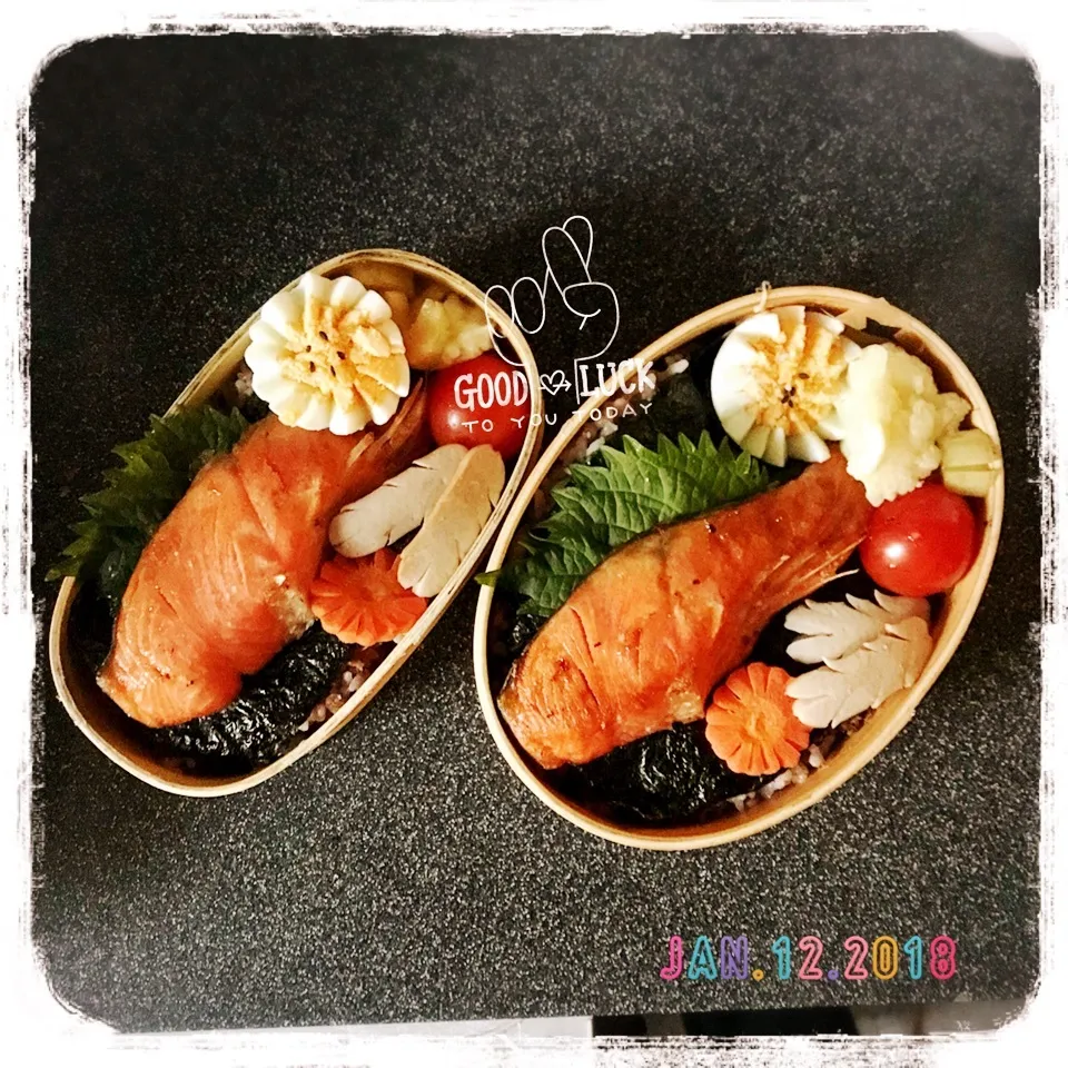 Snapdishの料理写真:1/12 ☺︎☺︎ 焼鮭ドーン乗っけ🐟二段海苔弁当♪|jon2さん