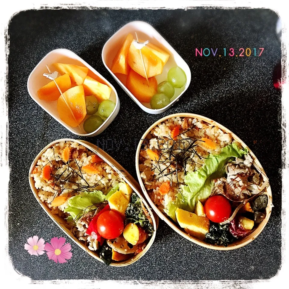 11/13 ☺︎☺︎五目炊き込みご飯🍁豚ともやし炒め弁当♪|jon2さん