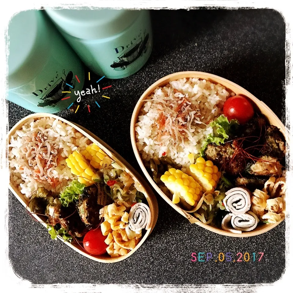 Snapdishの料理写真:9/5☺︎☺︎ 皮なし青紫蘇餃子🌿ダブル曲げわっぱ弁当♪|jon2さん