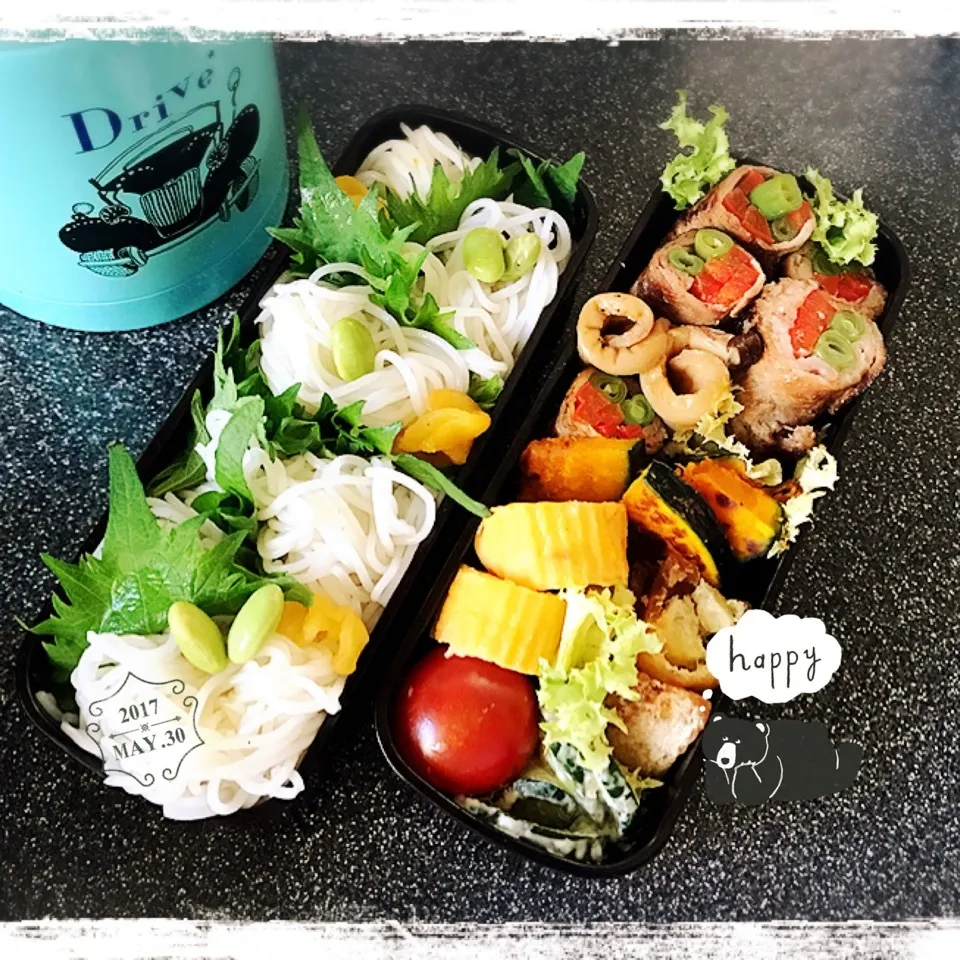 5/30 ☺︎ 野菜巻きの生姜焼き&さっぱり素麺弁当☀️♪|jon2さん