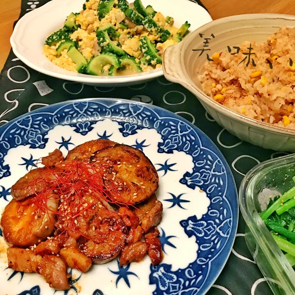 白ナスの焼肉ダレ焼きとゴーヤチャンプル またトウモロコシご飯|shakuyaku33443344さん