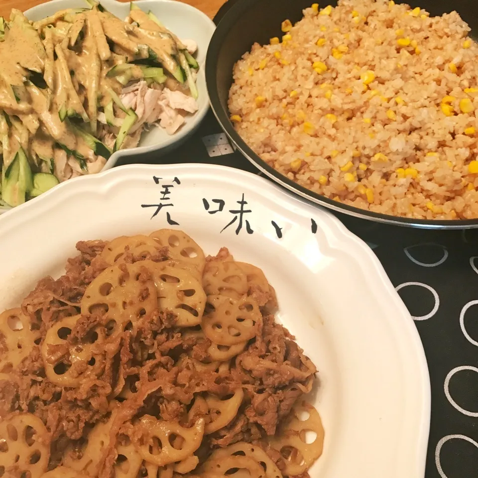 Snapdishの料理写真:からびーさんの中華風トウモロコシご飯レンコン牛肉甘辛炒棒棒鶏|shakuyaku33443344さん