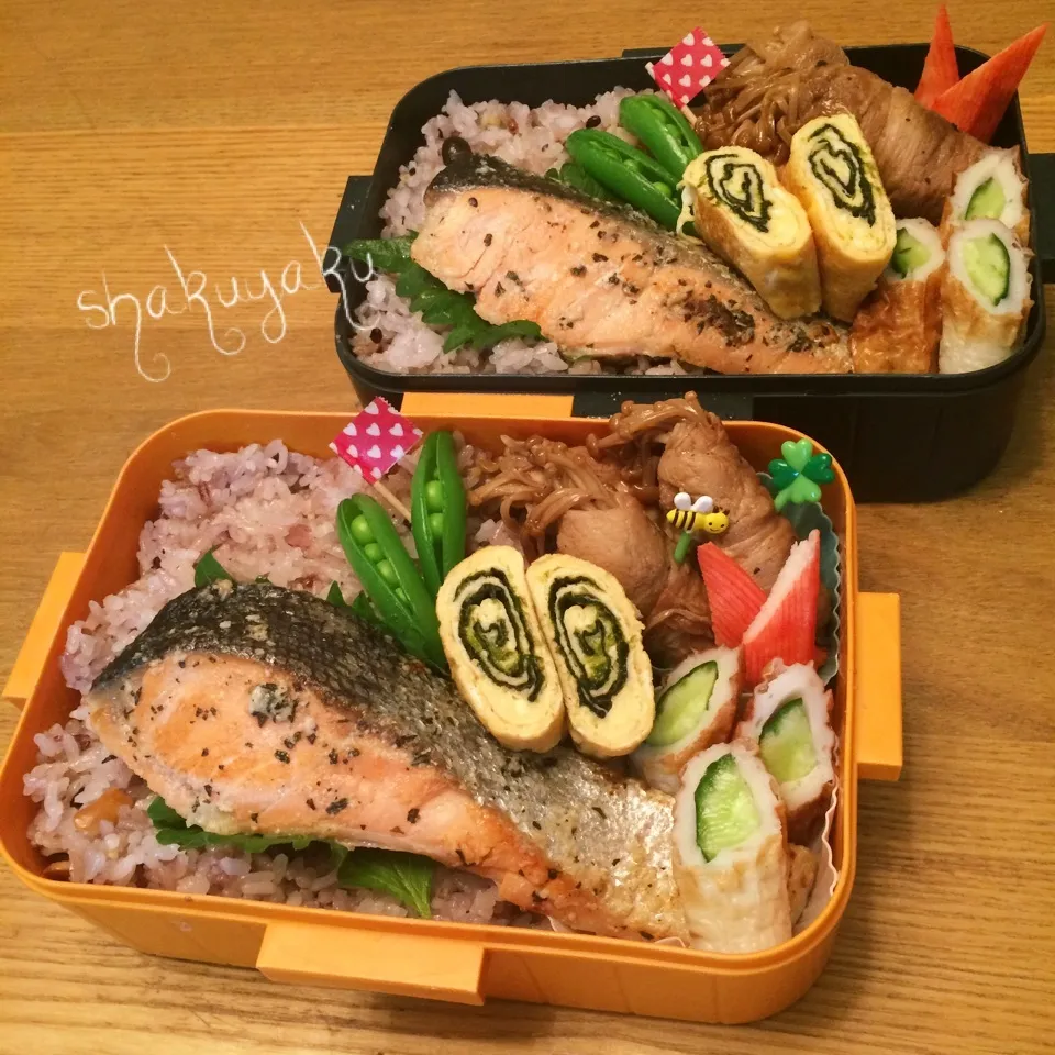 Snapdishの料理写真:高1高2息子弁当♡鮭のバジル塩麹漬け|shakuyaku33443344さん