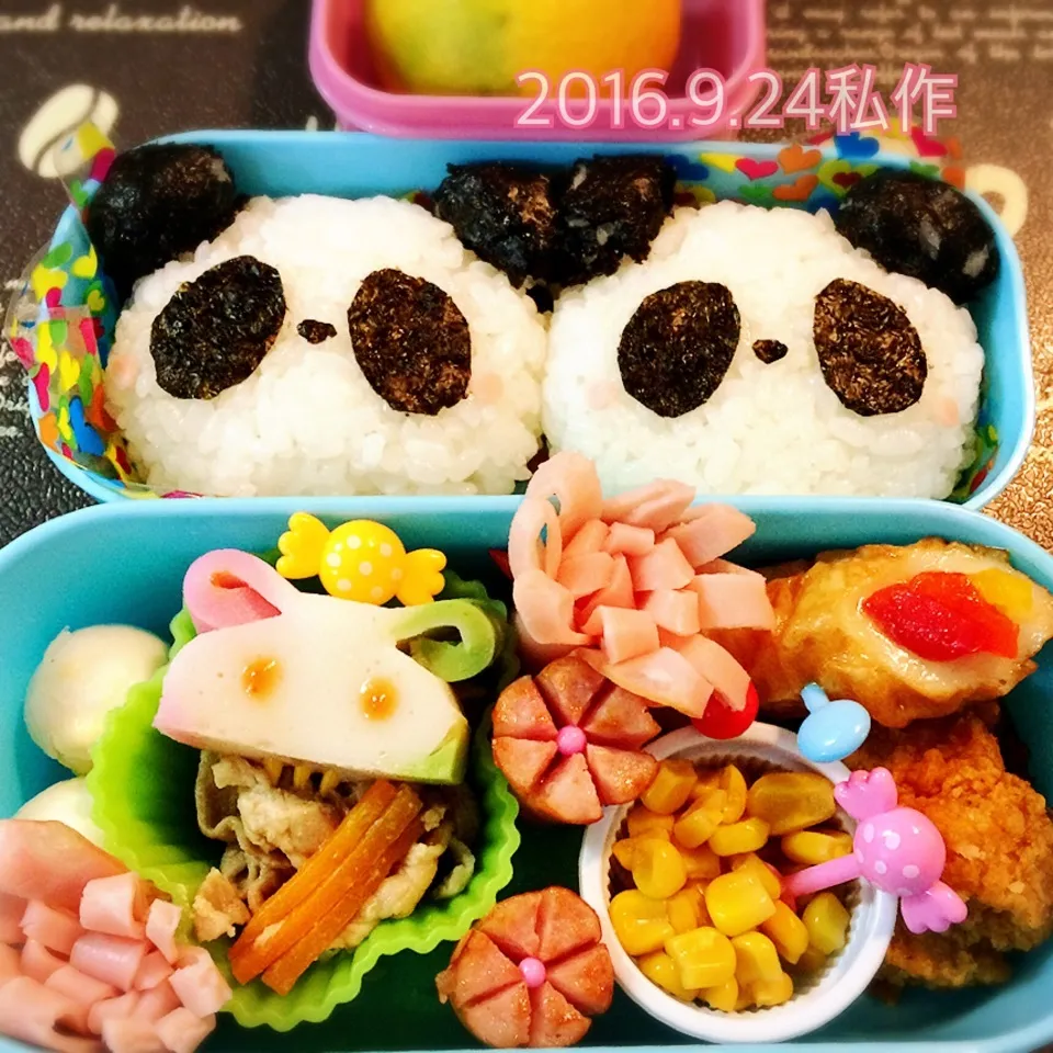 今日の妹っちお弁当❤私作パンダおにぎ、まーゆさんのかまぼこ|Kayopichiさん