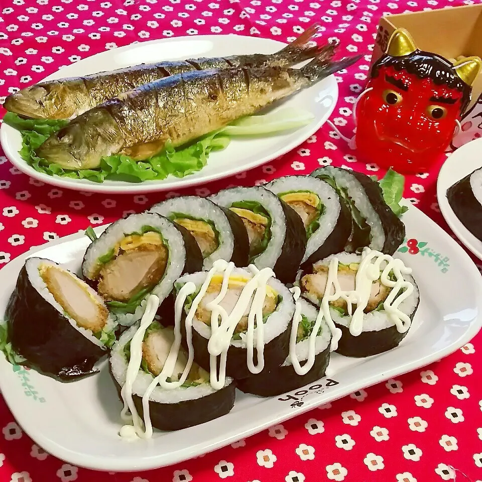 Snapdishの料理写真:＊ヒレカツ巻き寿司&イワシの塩焼き＊|とししいたけさん