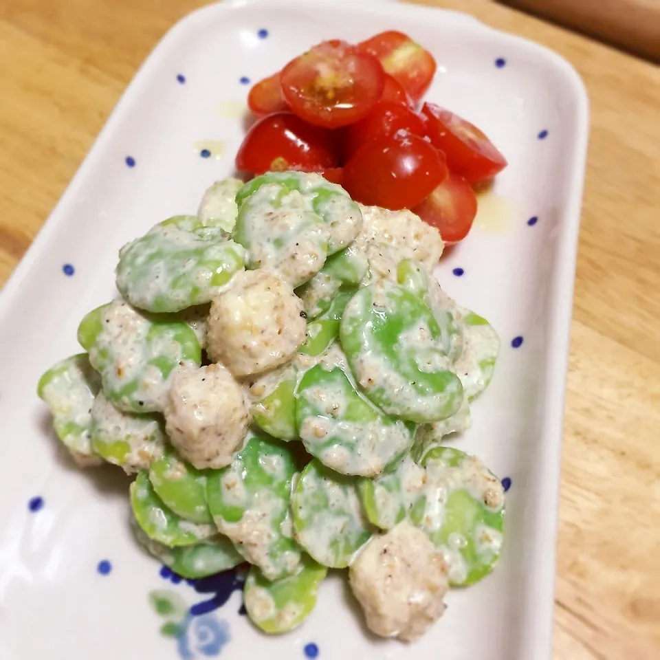 空豆とコロコロチーズの胡麻味サラダ|わことひろさん