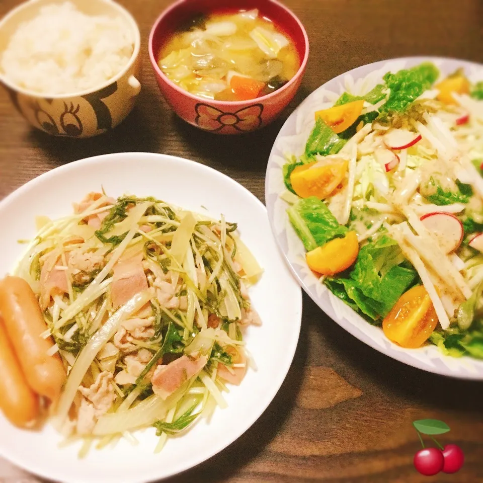 晩ご飯♪ソラシェフさんの豚肉と水菜と酢玉ねぎのさっぱり炒め♡|さくらんぼさん