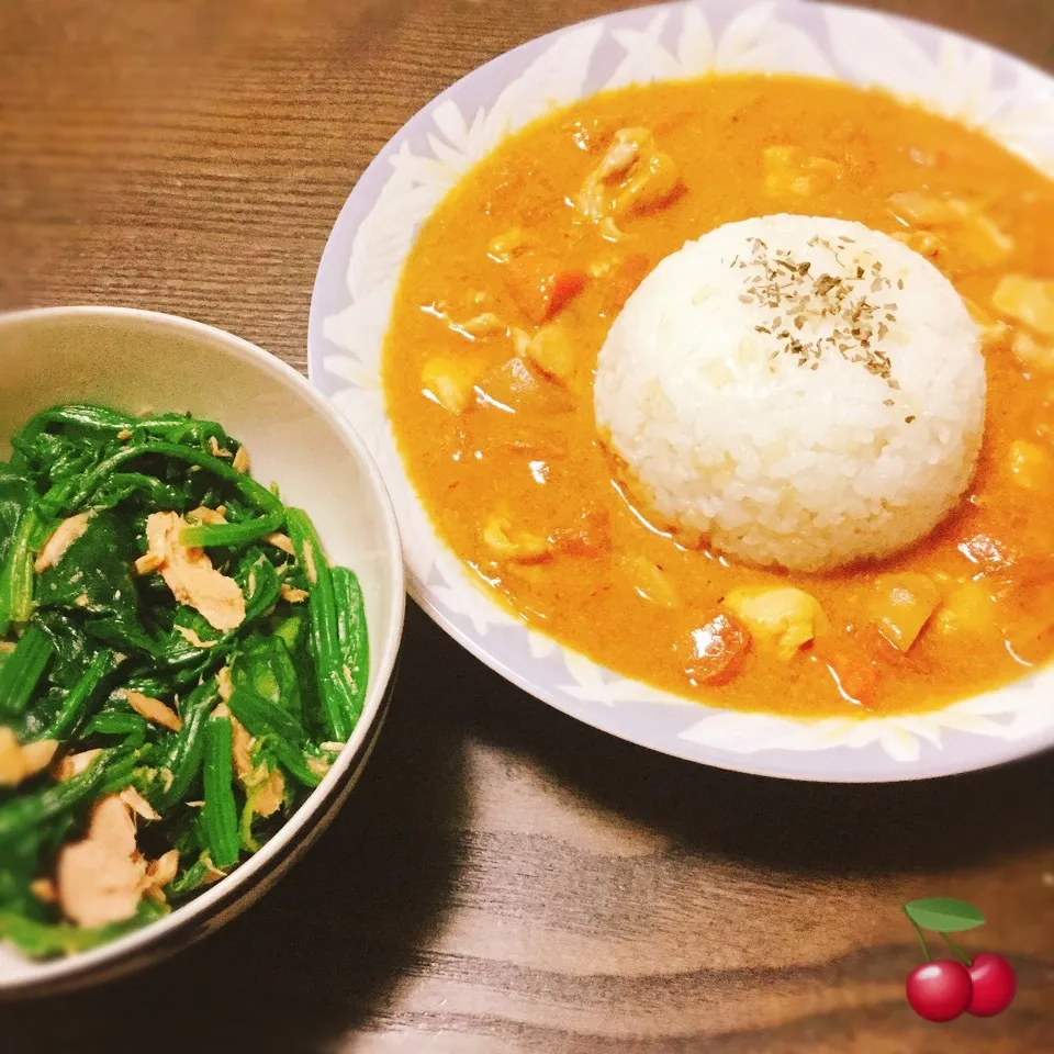 古尾谷りかこさんのほうれん草のツナ和え♡＆バターチキンカレー|さくらんぼさん