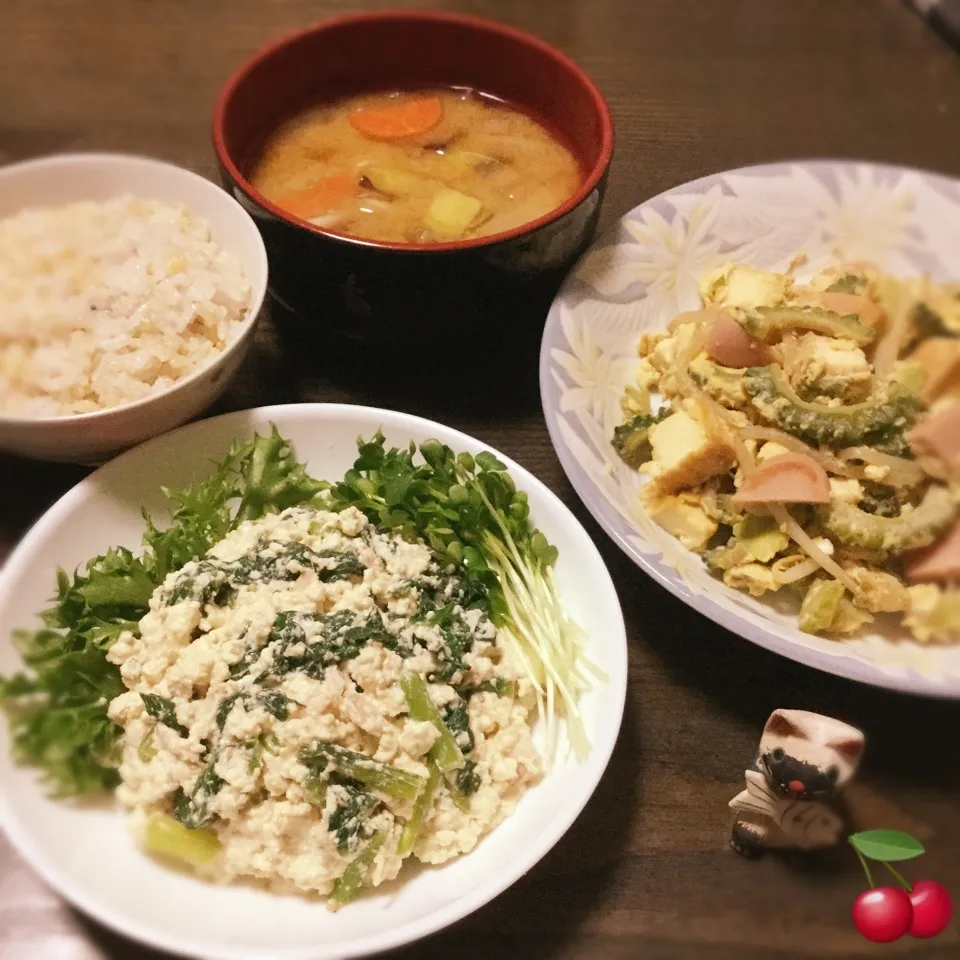 晩ご飯🍒マネっこ♪ななちさんの小松菜のツナ豆腐和え♡|さくらんぼさん