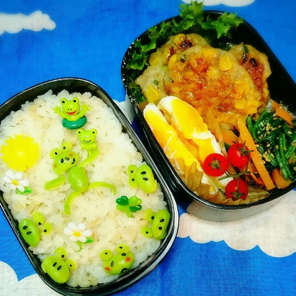 Snapdishの料理写真:6月5日のお弁当。梅雨入りかなぁ～？かえるさんも待機中(笑)|さらだきの子さん