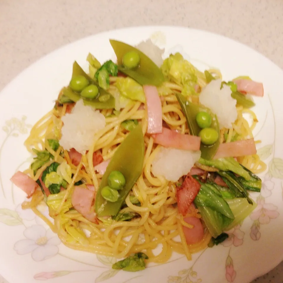 春野菜の和風パスタ〜スナップエンドウを使って♡|yuiママさん