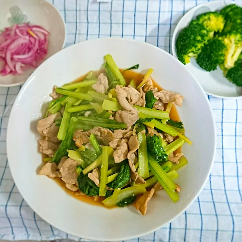 小松菜と豚肉の炒め物の夕飯|jun(・x・)さん