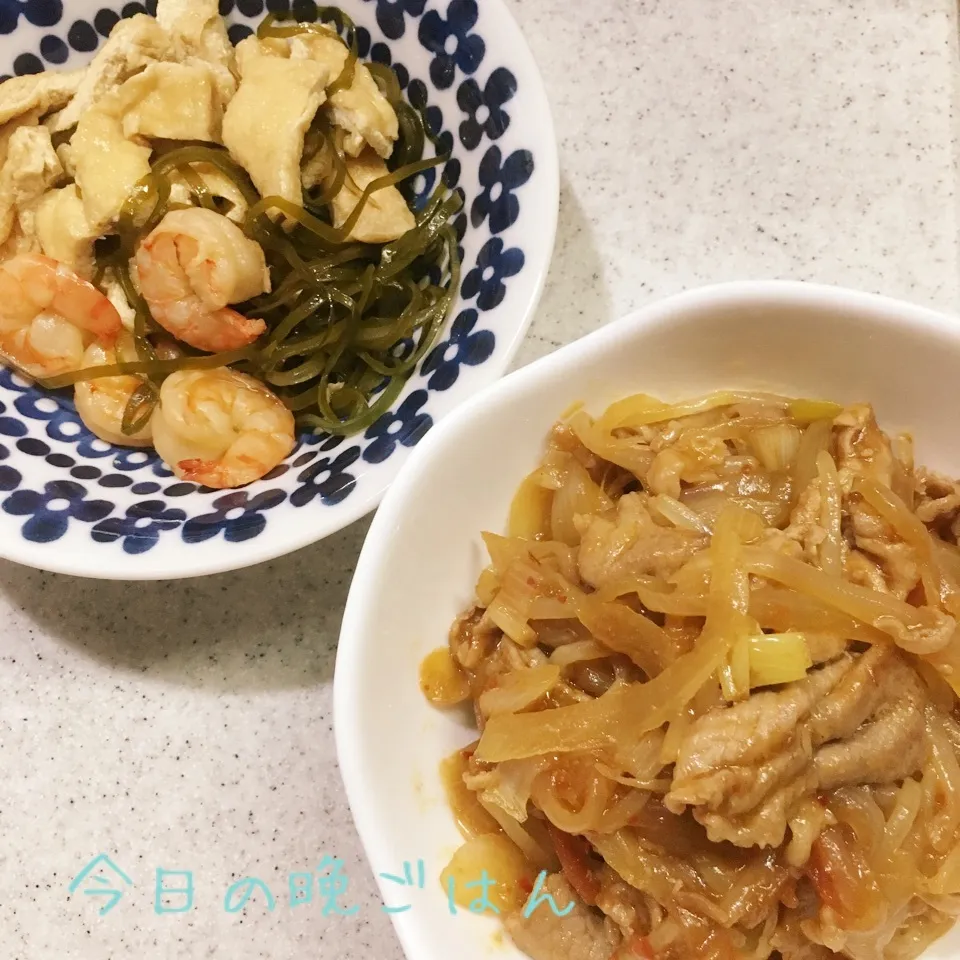 豚肉のネギ味噌炒め 昆布と海老と油揚げの煮物|よっぴぃさん