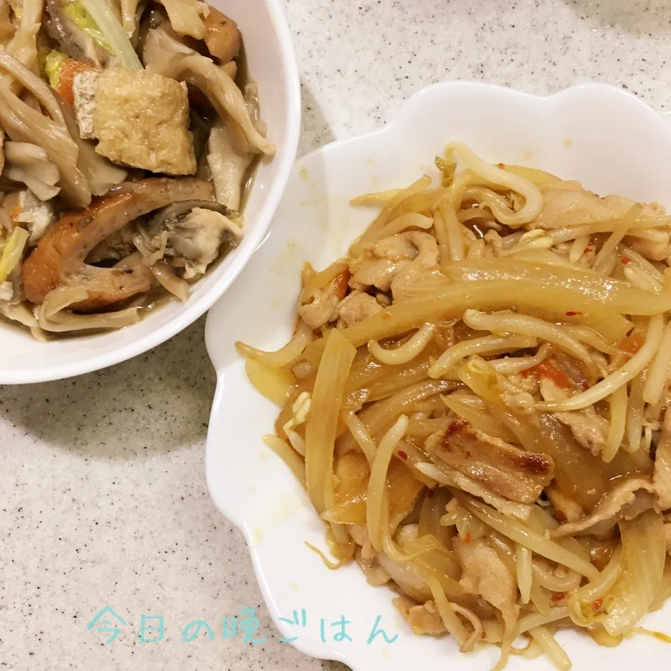 豚肉と玉ねぎの生姜炒め 舞茸と白菜と油揚げの煮物|よっぴぃさん