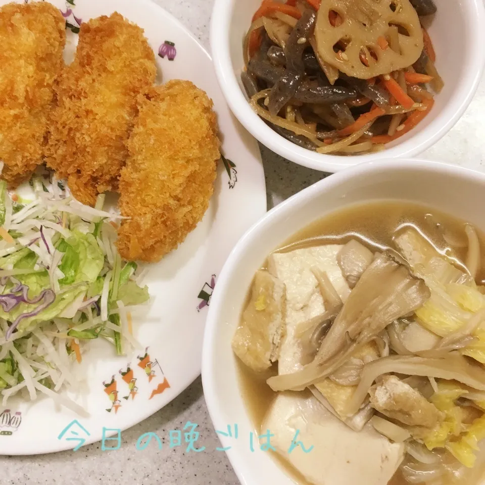 カキフライ 豆腐と舞茸と白菜の煮物 きんぴら|よっぴぃさん