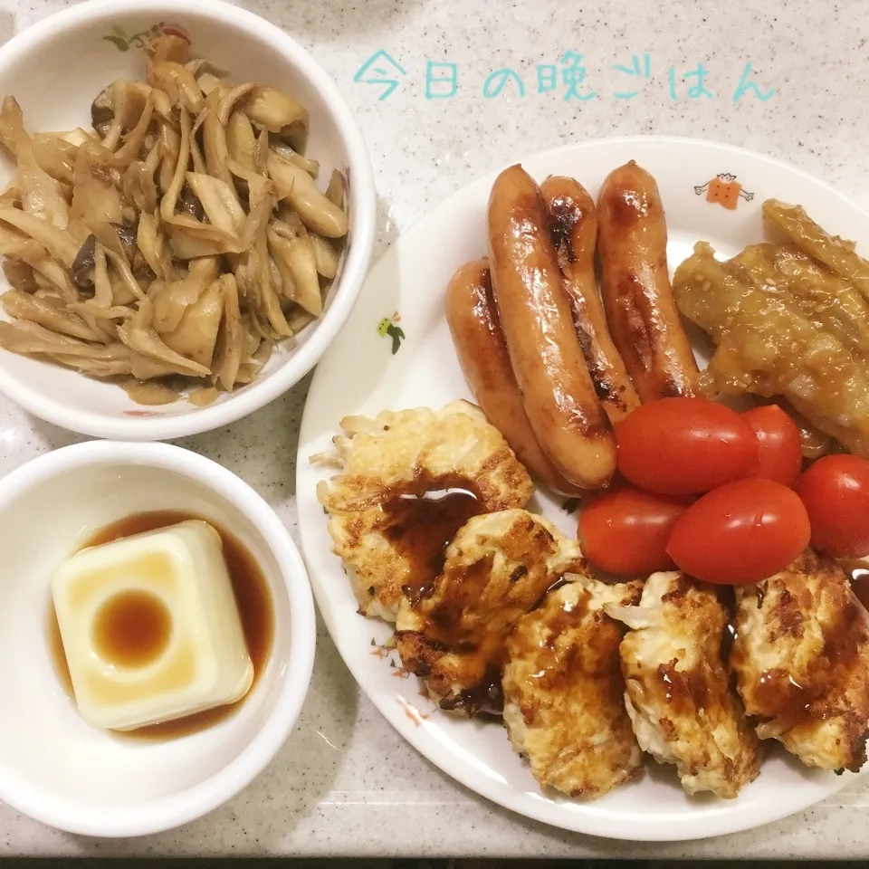 モヤシつくね 舞茸の甘辛煮 冷奴|よっぴぃさん