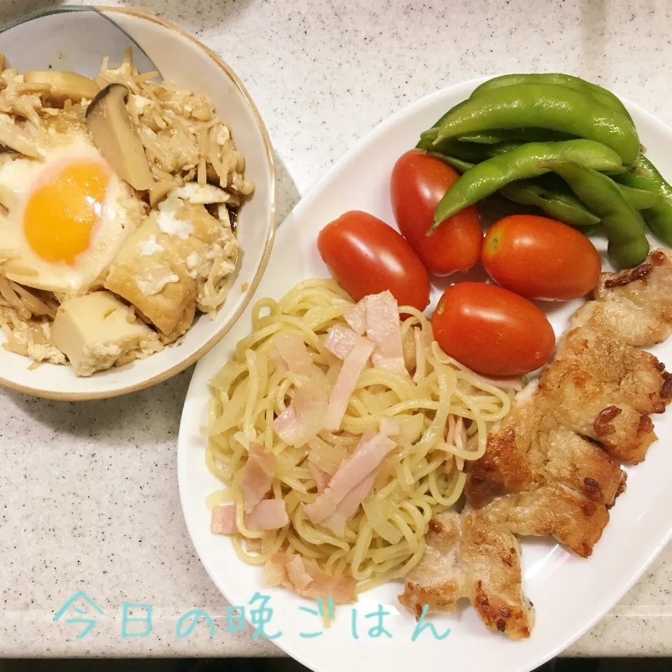 トンテキ 塩焼きそば 厚揚げときのこの炊き合わせ|よっぴぃさん