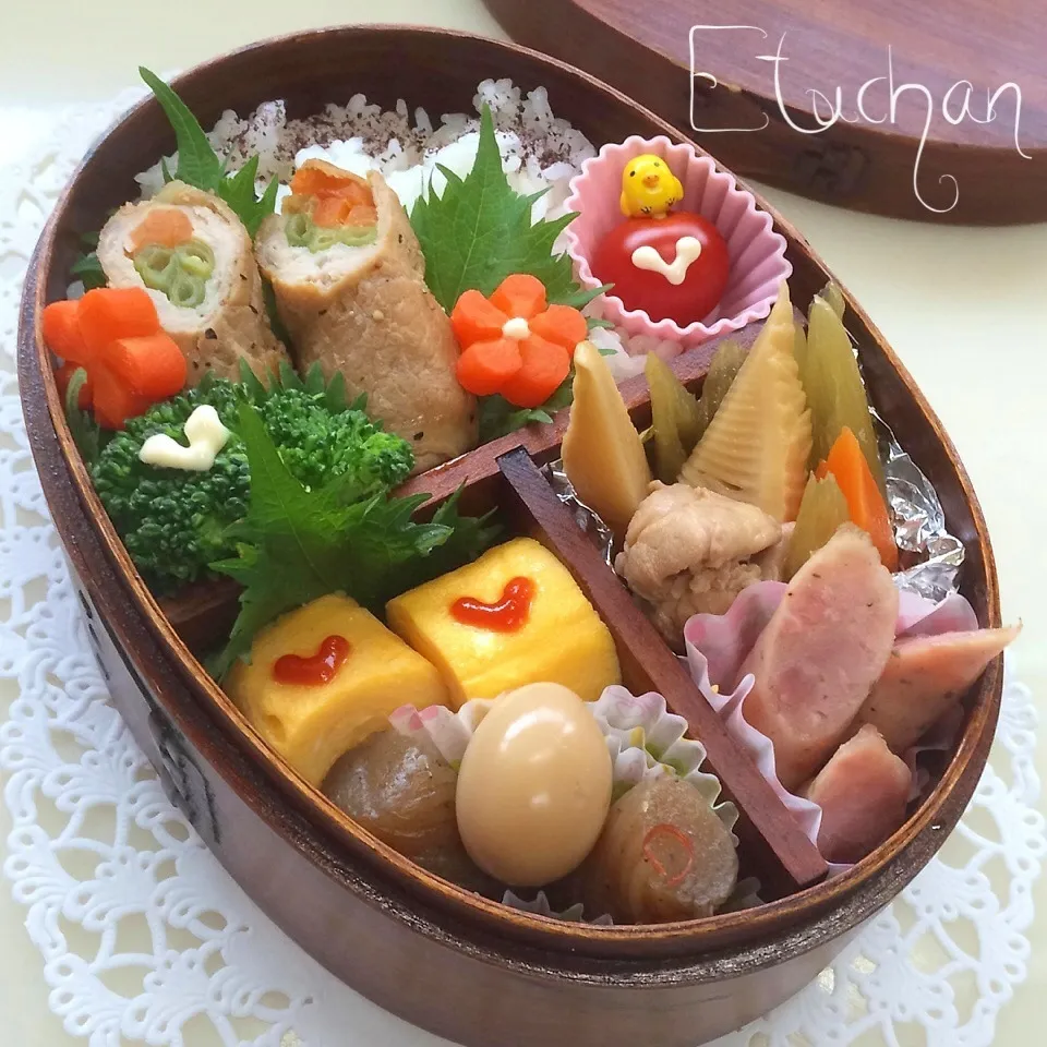 主人の夜勤弁当♡野菜の肉巻き〜。|★えっちゃん★さん