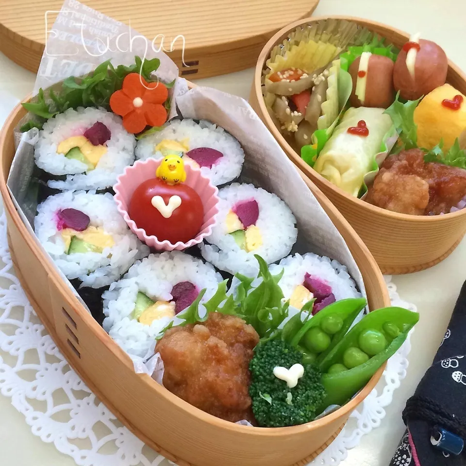 Snapdishの料理写真:主人の夜勤弁当♡三色海苔巻き〜。|★えっちゃん★さん