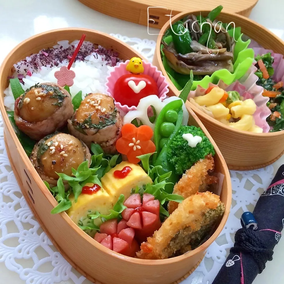 Snapdishの料理写真:主人の夜勤弁当♡里いも煮の紫蘇豚肉巻き〜。(*^^*)|★えっちゃん★さん