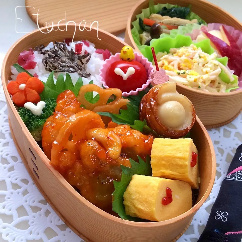 Snapdishの料理写真:主人の夜勤弁当♡白身魚と蓮根のチリソース和え。(*^^*)|★えっちゃん★さん