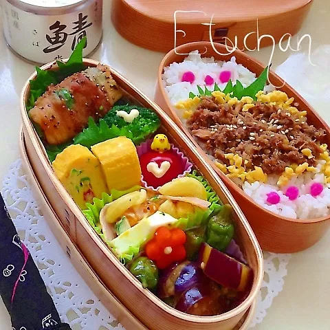 主人の夜勤弁当♡長いもの肉巻き、鯖缶でそぼろ〜♪(*^^*)|★えっちゃん★さん