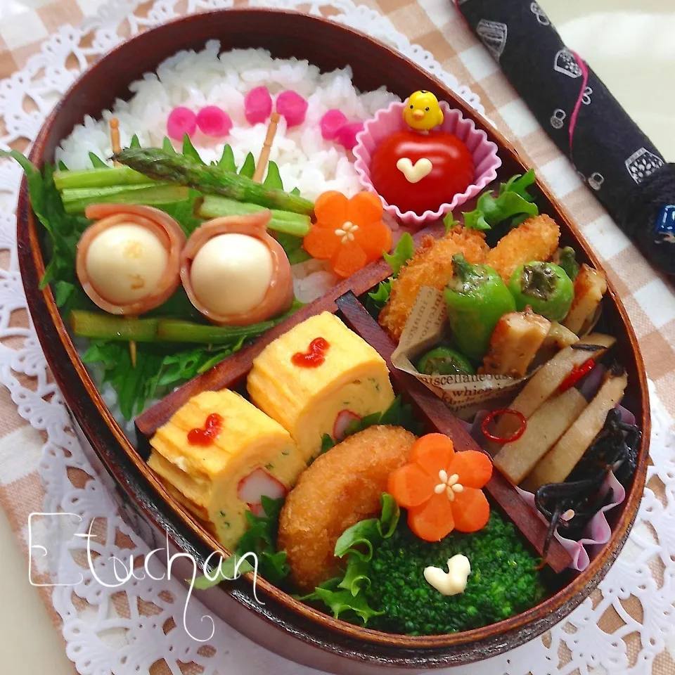 主人の夜勤弁当♡アスパラとうずらベーコン串。(*^^*)|★えっちゃん★さん