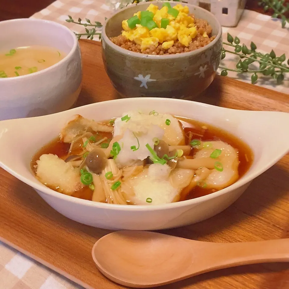 ちくわとお餅のきのこあん揚げ出しとそぼろ丼♪|ゆりこさん