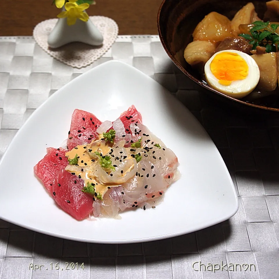 鮪と鯛のカルパッチョ…豆板醤入りのピリ辛ドレッシングで|chapkanonさん