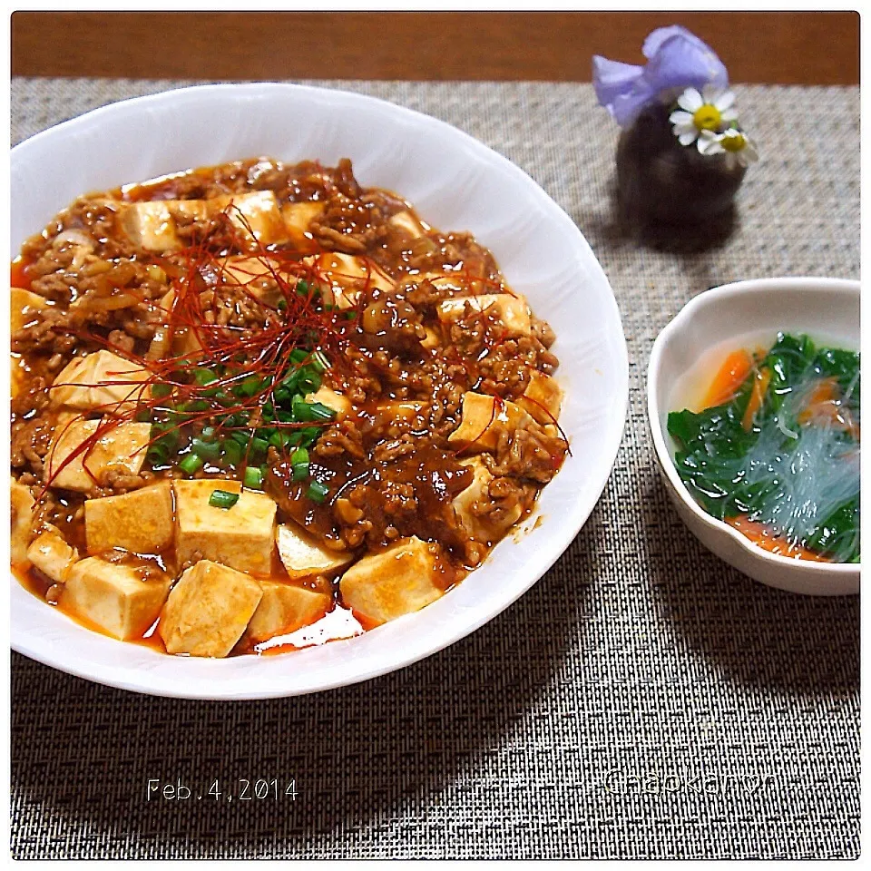 Snapdishの料理写真:寒い夜は辛めの麻婆豆腐☆野菜と春雨のスープ|chapkanonさん