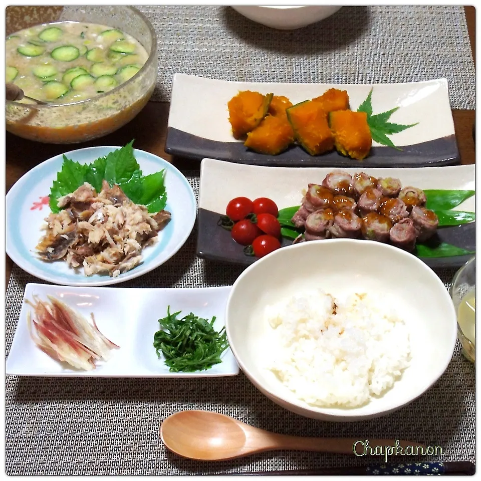 冷や汁・白菜の豚肉巻・カボチャの煮物|chapkanonさん