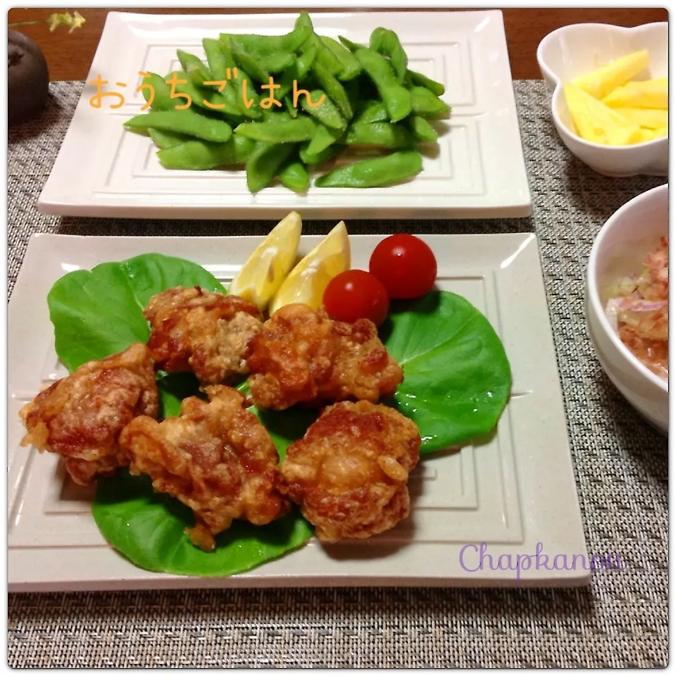 Snapdishの料理写真:豚肉の衣揚げ・枝豆|chapkanonさん